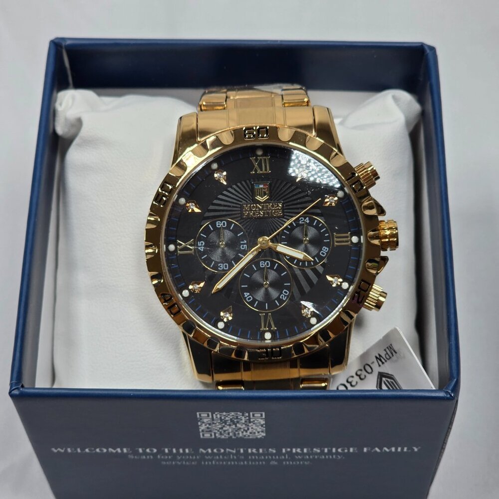 Montres Prestige MPW-0330 Gold Chronograph Style Watch Black Dial New w Box - Picture 6 of 6